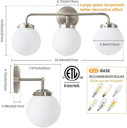 Bathroom Light Fixtures Over Mirror, 22.4'' Brushed Nickel Modern Vanity Lights with Milk White Glass Globe Shades 3-Light Farmhouse Wall Sconce Lighting