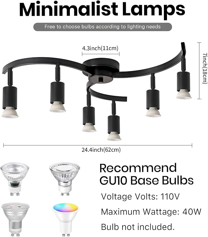 6 Light Track Lighting Fixtures Ceiling, Flexibly Rotatable Light Heads, Black Semi Flush Mount Ceiling Light for Kitchen Dining Room Living Room.Gu10 Bulb Base.