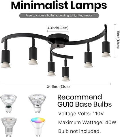6 Light Track Lighting Fixtures Ceiling, Flexibly Rotatable Light Heads, Black Semi Flush Mount Ceiling Light for Kitchen Dining Room Living Room.Gu10 Bulb Base.