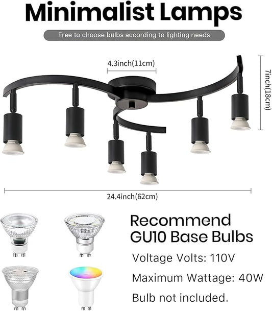 6 Light Track Lighting Fixtures Ceiling, Flexibly Rotatable Light Heads, Black Semi Flush Mount Ceiling Light for Kitchen Dining Room Living Room.Gu10 Bulb Base.