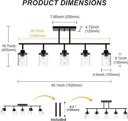 Yaohong 5-Light Kitchen Track Light Fixtures Ceiling Vanity Lights Black, Bathroom Track Lighting Kit with Ajustable Heads, Modern Wall Ceiling Tracking Light for Hallway Shop
