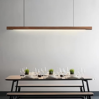Modern LED Chandelier Walnut Color Dining Room Kitchen Island Long Hanging Lights Restaurant Office Coffee Home Lighting Ash Wood Remote Control Dimmable (2 Round Bases, 100cm(39.3in))