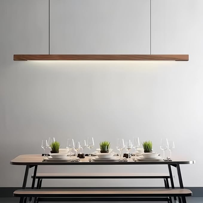 Modern LED Chandelier Walnut Color Dining Room Kitchen Island Long Hanging Lights Restaurant Office Coffee Home Lighting Ash Wood Remote Control Dimmable (1 Rectangle Base, 100cm(39.3in))