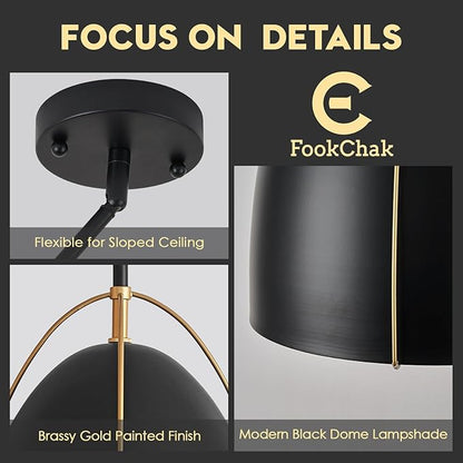 Black Dome Pendant Light 10in Kitchen Island Pendant Lighting Modern Black & Gold Ceiling Pendant Light Fixture for Kitchen Sink Dining Room, E26