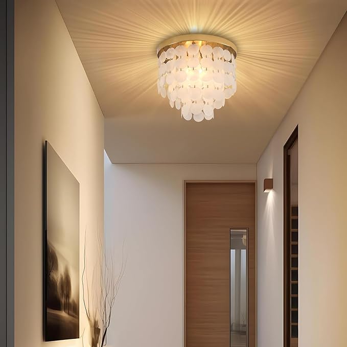 Capiz Shell Chandelier with 3 Tier Shell H12.3'' x D13.8'' Gold Metal Light Fixtures Flush Mount Chandeliers Modern Lighting Fixture for Bedroom Bathroom Office,(More Additional Shell Parts Included)