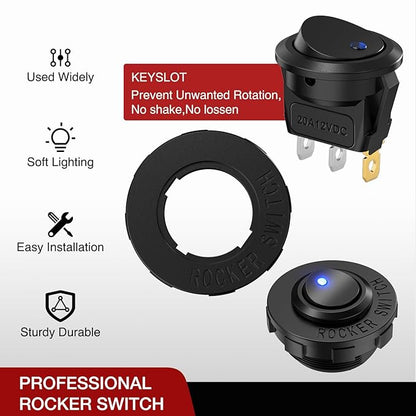 Nilight 1PC Round Rocker Switch with Shell 12V 24V 20A Blue LED Toggle swtich with 16AWG Wires SPST 3Pin 2 Position for Car Truck Vehicle Boat Marine Rocker On Off Control