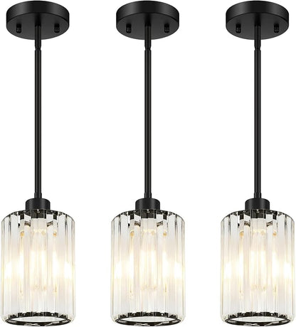 MQMQA 3 Pack Matte Black Pendant Lights Kitchen Island, Modern Crystal Chandelier Kitchen Pendant Lighting Over Island, Adjustable Hanging Mini Light Fixtures for Dining Room Hallway Corridor Bedroom