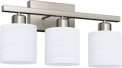 PARTPHONER Bathroom Light Fixtures, Bathroom Lighting Fixtures Over Mirror, Classic Vanity Lights, Modern Vanity Light with Textured Frosted Opal White Glass Shades, Brushed Nickel, 3-Light
