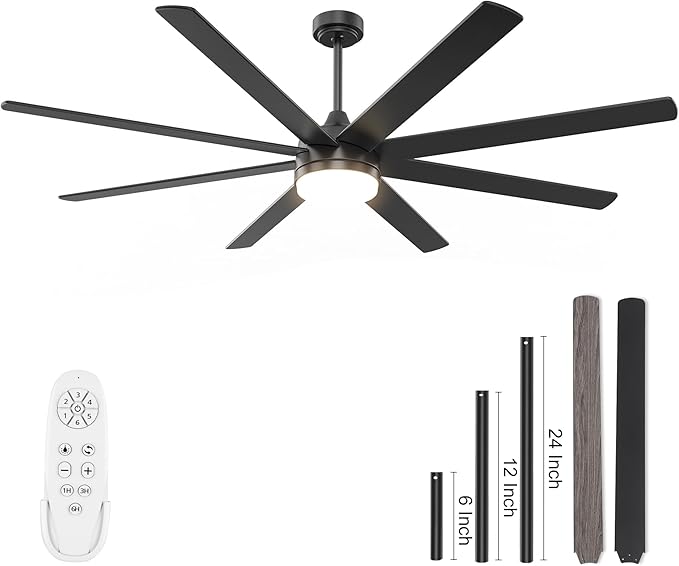 YUHAO 72 Inch Black Ceiling Fan with Light and Remote Control.Noiseless,Dimmable,3CCT,6 Speeds Reversible, DC Ceiling Fans for Indoor or Covered Outdoor Use.ETL Listed