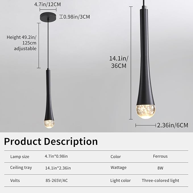 3 Pack Modern Black LED Pendant Light, Kitchen Island Ceiling Hanging Lights, Teardrop Bubble Crystal, 3 Color 2700K/4500K/6500K, Bedside Small Chandeliers Lamps for Bar, Dining Room, Hallway, Foyer