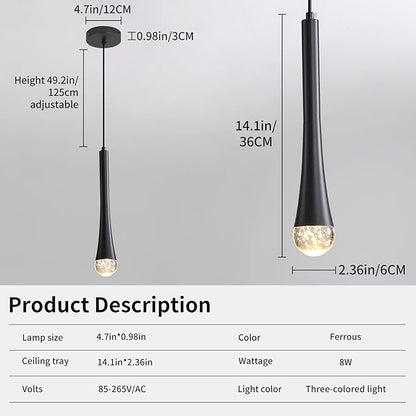 3 Pack Modern Black LED Pendant Light, Kitchen Island Ceiling Hanging Lights, Teardrop Bubble Crystal, 3 Color 2700K/4500K/6500K, Bedside Small Chandeliers Lamps for Bar, Dining Room, Hallway, Foyer