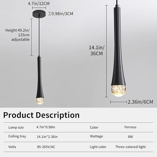 3 Pack Modern Black LED Pendant Light, Kitchen Island Ceiling Hanging Lights, Teardrop Bubble Crystal, 3 Color 2700K/4500K/6500K, Bedside Small Chandeliers Lamps for Bar, Dining Room, Hallway, Foyer