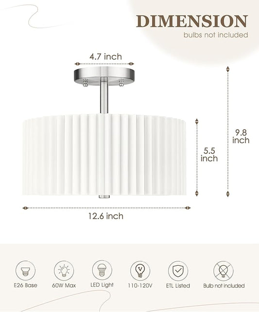 Semi Flush Mount Ceiling Light, 3-Light 12.5" Ceiling Light Fixture with White Pleated Fabric Shade, Brushed Nickel Drum Lamp for Nursery Hallway Bedroom Kitchen, AD-25036-3SF-SN