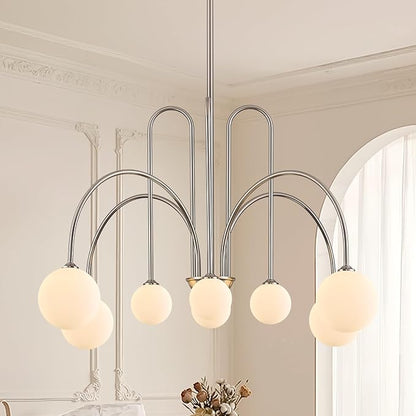8-Light Brushed Nickel Modern Sputnik Chandelier Luxury Large L41”Mid Century Milk Glass Globe Ceiling Pendant Lighting for Foyer Living Dining Room Kitchen Staircase Foyer