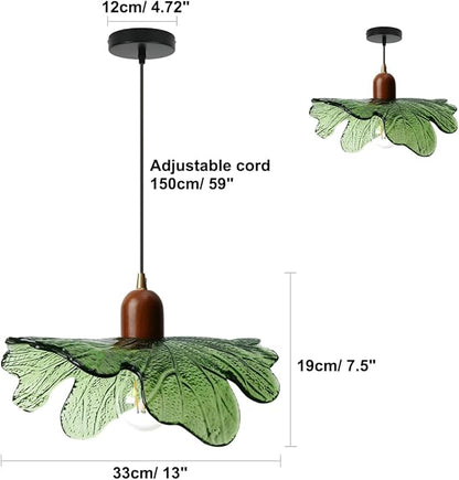 Modern Green Glass Pendant Light Fixtures 2-Pack Flower Pendant Lights Kitchen Island 59“ Adjustable Hanging Ceiling Lighting Wooden Grain Hanging Lamp for Farmhouse Dining Room