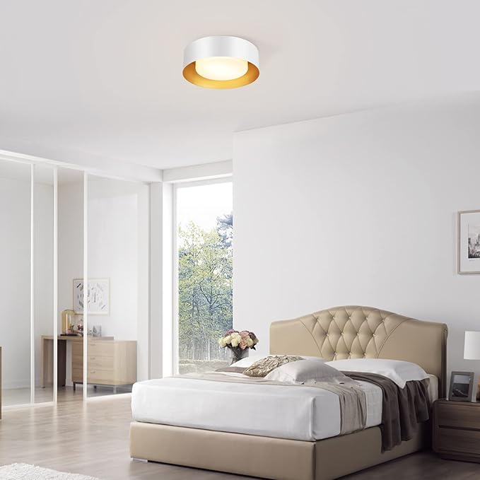 Yiisem Modern White and Gold Flush Mount Ceiling Lights, Glass Round Ceiling Lighting, Minimalist Drum Close to Ceiling Light Fixtures for Bedroom, Dining Room, Bathroom, Hallways, Living Room