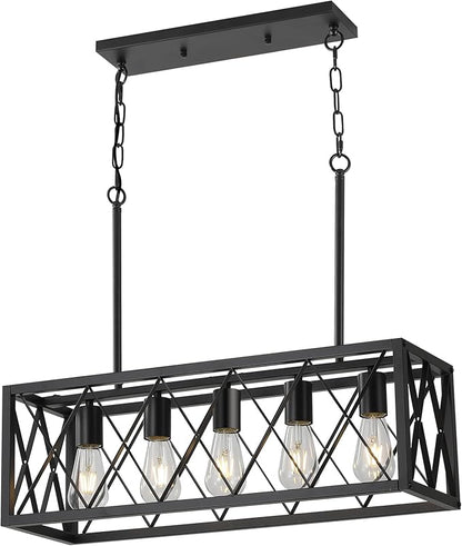 KEESFU Black Farmhouse Kitchen Island Lighting, 5 Lights Pendant Lighting Fixtures, Adjustable Height, Industrial Dining Room Light for Living Room Foyer Dining Table Over Sink.