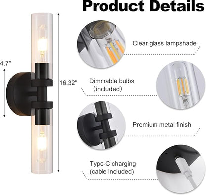 Battery Operated Wall Sconces Set of 2, 330° Rotation 3000K-6000K Dimmable Wireless Wall Sconce with Clear Glass Black 10400mAh USB Rechargeable Wall Lights with Remote Bulbs Included 2 Pack