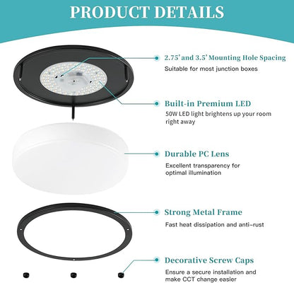 16Inch Flush Mount LED Ceiling Light Fixtures Black, 5CCT Adjustable 2700K 3000K 4000K 5000K 6500K, 4500LM Close to Ceiling Light for Kitchen, Hallway, Bathroom, Kitchen, Bedroom, 1 Pack