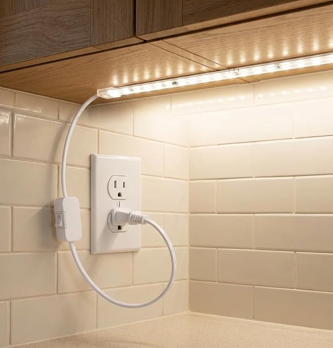 60inch Plug in Under Cabinet Lighting Strip for Kitchen, 120V Bright LED Under Counter Lights 6000k White Slim, Luces para Cocina Bajo Gabinete Under Shelf Wired Light for Sink/Workbench/Bookshelf