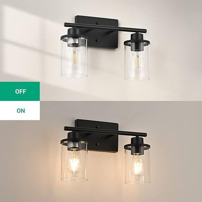 EDISHINE Bathroom Light Fixtures, 2-Light Bathroom Vanity Light with Clear Glass Shades, Matte Black Vanity Lights, Vintage Wall Sconces for Bedroom Living Room Hallway, E26 Base (Bulbs Not Included)