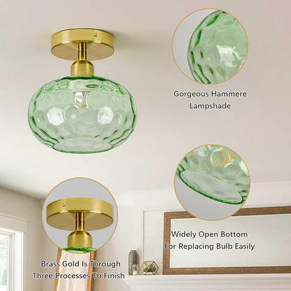 Luafac Green Glass Semi Flush Mount Ceiling Light - 7.9 Inch Hammered Art Deco Glass Small Hallway Light fixtures, Vintage Gold Flush Mount Ceiling Light for entryway Foyer Laundry Room Kitchen