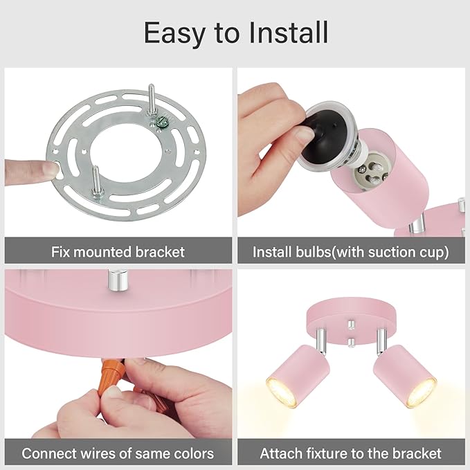 2 Light Track Lighting Fixtures Ceiling, Pink Round Directional Spotlight Fixtures, GU10 Flush Mount Ceiling Fixture, Adjustable Modern LED Track Light for Girl's Room, Bulb Not Included