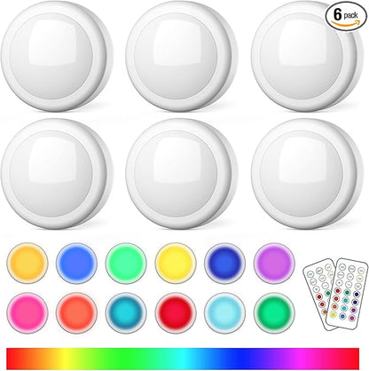 SEMSMOKS Puck Lights with Remote Control, Battery Operated LED Push Light Wireless, 13 Color RGB - for Closet, Bedroom Wall, Under Cabinet, Battery Powered Puck Lights. Convenient 3M Stick On, 6 Pack