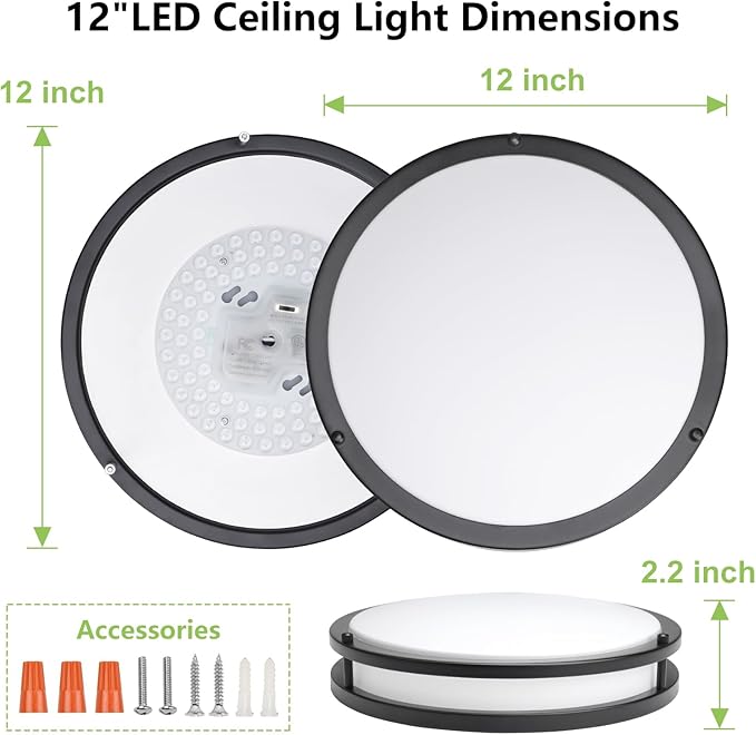 Flush Mount Ceiling Light - 2 Pack 36W 3000K/3500K/4000K/5000K/6000K Dimmable Led Ceiling Light Fixture for Kitchen Hallway Bedroom Bathroom (2, Black, 12 Inch)