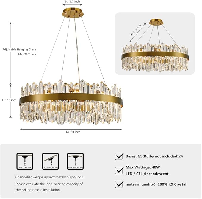 Gold Modern Oval Crystal Chandelier, 24-Lights Luxury Chandeliers Modern 2-Tiers K9 Crystal Chandelier Pendant, Light Fixture G9 Lights for Dining Living Room Entryway Kitchen Dia 30 inch