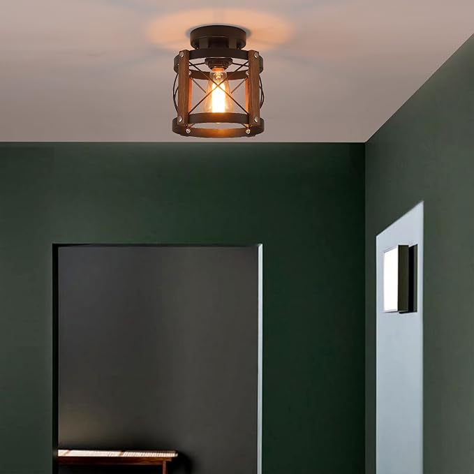 2 Pack Rustic Farmhouse Wood Flush Mount Ceiling Light Fixture Oak Wood and Metal Round Cage Small Semi Flush Mount Ceiling Light for Kitchen Entry Bedroom Country Hallway Farmhouse, Black