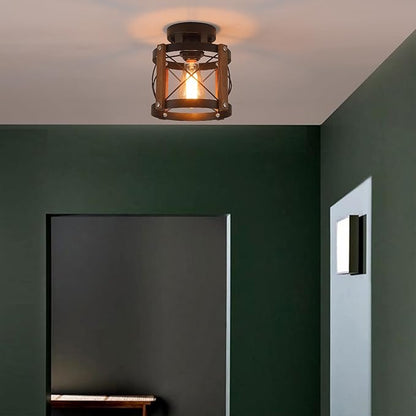 2 Pack Rustic Farmhouse Wood Flush Mount Ceiling Light Fixture Oak Wood and Metal Round Cage Small Semi Flush Mount Ceiling Light for Kitchen Entry Bedroom Country Hallway Farmhouse, Black