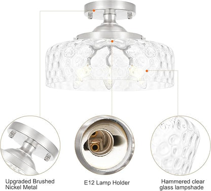 Daunton Brushed Nickel Semi Flush Mount Ceiling Light, 3-Light Ceiling Light with Hammered Glass, Vintage Hallway Light Fixtures, Kitchen Flush Ceiling Mount for Entryway Bedroom Bathroom,E12