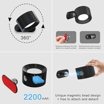 Deyagoo 3PACK Romote LED Wall Sconce - Rechargeable Wall Light, 3 Colors & 3 Brightness Levels, 360° Magnetic Rotating Head, Bedside Reading Lamp, Easy Install Battery Operated Wall Lamp Black