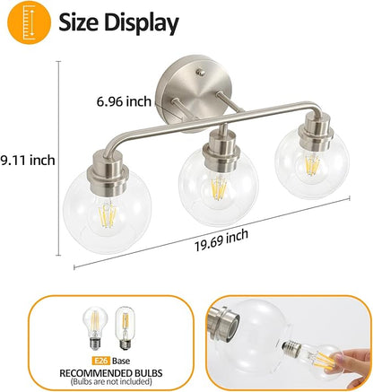 3 Light Bathroom Vanity Light Fixtures, Brushed Nickel Vanity Lights with Clear Globe Glass Shades, Modern Bathroom Lights Wall Sconce Wall Lamp for Mirror Living Room Kitchen Bedroom Hallway