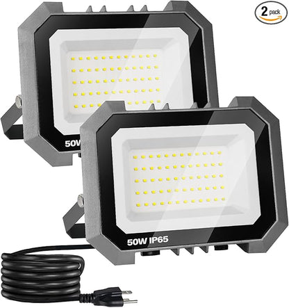 Leddictive 2 Pack LED Flood Lights Outdoor, 50W 5000LM Super Bright Floodlight Outside Work Light with 5.9FT Plug, IP65 Waterproof 6000K Outdoor LED Flood Light for Garage, Yard, Lawn, Garden