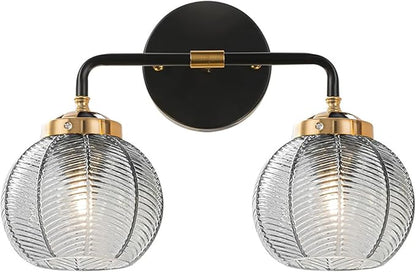 Vintage Bathroom Vanity Light Fixture Modern Wall Sconce Over Mirror with Ribbed Smoky Gray Globe Lamp Shade Mid Century Black Gold Vanity Lights Fixtures for Farmhouse Dining Room
