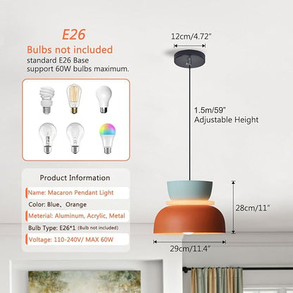 Mid Century Modern Ceiling Pendant Light, Orange Navy 2 Colors Barn Macaron Shade, Aluminum Nordic Modern Pendant Light Fixture, Colorful Chandelier Pendant Lights for Kids Room