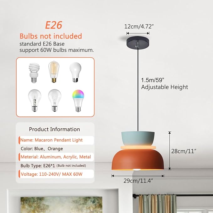 2-Lights Kitchen Island Pendant Light Fixtures,Nordic Large Pendant Light Mid Century Modern Ceiling Pendant Light with Aluminum Colorful Shade Unique Hanging Lights Adjustable Height