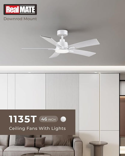 46 Inch Ceiling Fans with Lights and Remote, White Ceiling Fan, Downrod Style with 5 Blades, Modern Design For Indoor Bedroom Living Room/Outdoor, 6 Speed Reversible DC Motor, 3CCT Dimmable LED