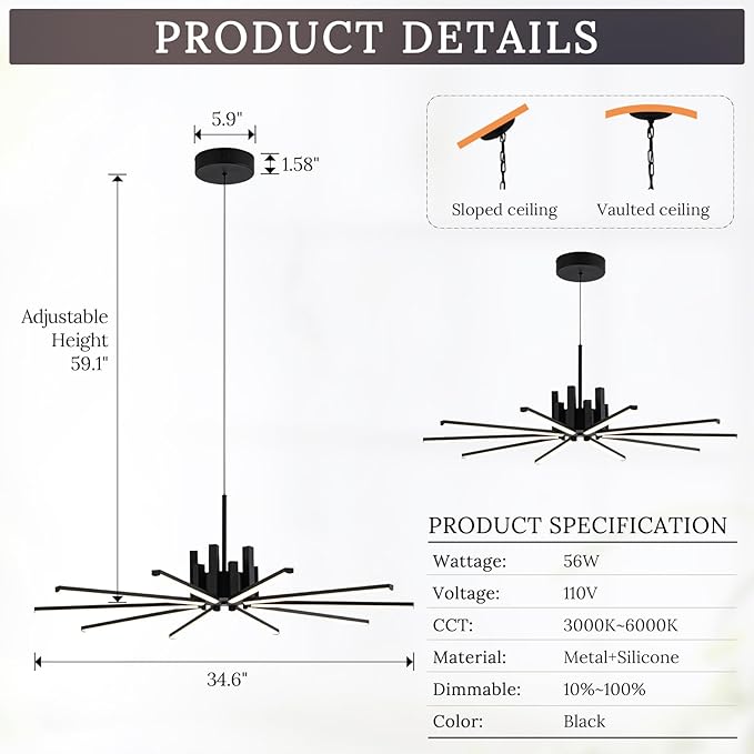 Black Modern Sputnik Chandelier with Remote Control, 56W 3-Color Temperature Dimmable LED Chandelier for Dining Room, Hanging Adjustable Pendant Light for Living Room Kitchen Foyer Entryway