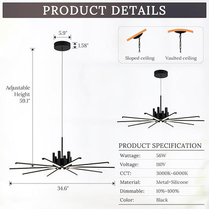 Black Modern Sputnik Chandelier with Remote Control, 56W 3-Color Temperature Dimmable LED Chandelier for Dining Room, Hanging Adjustable Pendant Light for Living Room Kitchen Foyer Entryway
