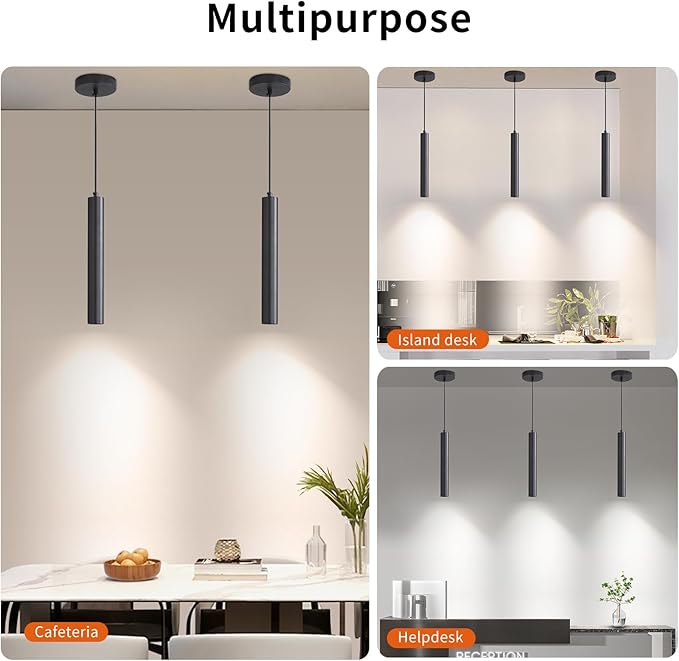 2 Pack Mini Kitchen Island Pendant Light, LED Minimalist Ceiling Hanging Light, 3 Color 3000K/4500K/6500K, Adjustable Height, Black Modern Linear Lamp Lighting for Dining Room, Bedroom, Bar