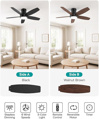 42 Inch Ceiling Fans with Lights, Quiet Reversible Fan with Remote & APP Control, 6-Speed, 3 Color Temperatures Dimmable LED, DC Motor, Low Profile Ceiling Fan for Bedroom Living Room, Black