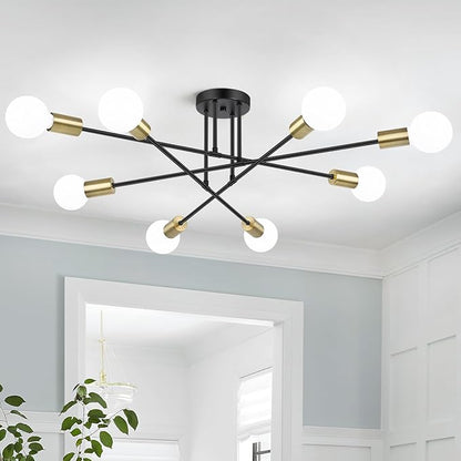 Modern Sputnik Chandelier 8-Light Industrial Ceiling Lights Fixture 32" Black and Gold Semi Flush Mount Ceiling Light with E26 Base Sputnik Lights Fixture for Dining Room Bedroom Hallway Living Room