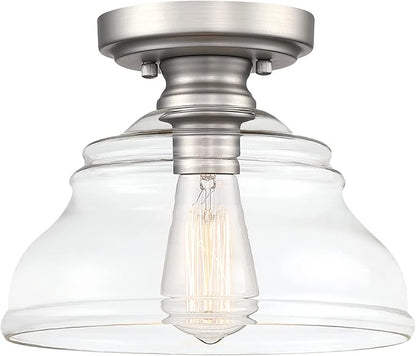 MEXO Industrial Semi Flush Mount Ceiling Light, Modern Clear Glass Shade Ceiling Light Fixture Farmhouse Close to Ceiling Lights in Satin Nickel for Hallway Bedroom, Kitchen Entryway Porch