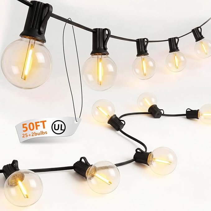 50FT Outdoor String Lights with G40 Globe Bulbs, Waterproof Patio Lighs with 27 Shatterproof LED Bulbs (2 Spares), Dimmable for Weddings, Backyard Parties, Porch Decor, Black Wire
