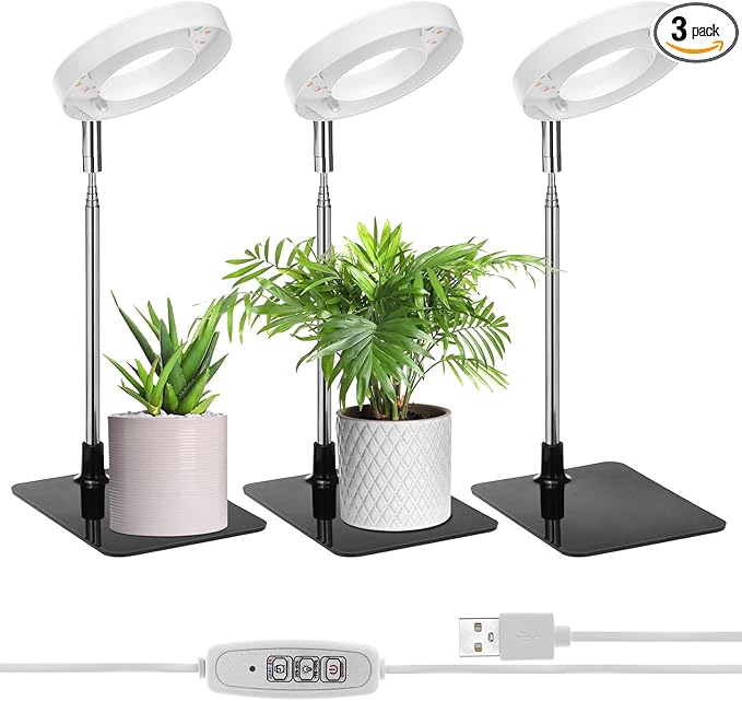 QWORK Grow Lights for Indoor Plants, 3 Pack Full Spectrum LED Desk Grow Lamp, 7-25 in Adjustable Height, Auto Timer 2/4/8H, 4 Dimmable Levels, USB Powered
