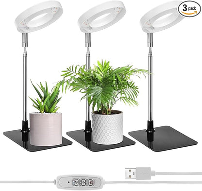 QWORK Grow Lights for Indoor Plants, 3 Pack Full Spectrum LED Desk Grow Lamp, 7-25 in Adjustable Height, Auto Timer 2/4/8H, 4 Dimmable Levels, USB Powered