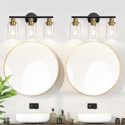Zarbitta 3-Light Bathroom Light Fixtures, Black and Gold Bathroom Wall Lights, Modern Vanity Light with Clear Glass Shade, Bathroom Wall Lamp for Mirror Kitchen Bedroom Hallway Cabinet